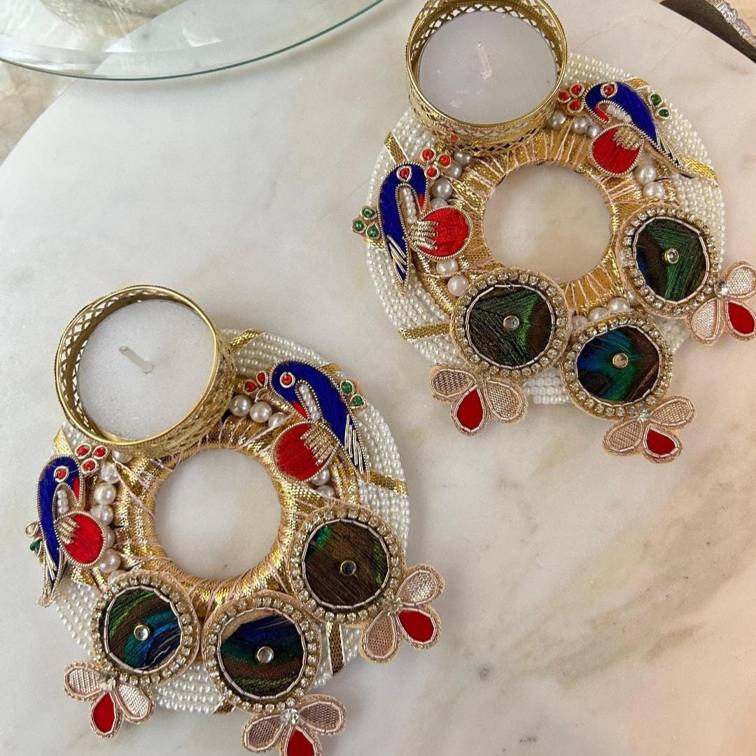 Vibrant Traditional Peacock T-Light Pair | Premium Festive Edition