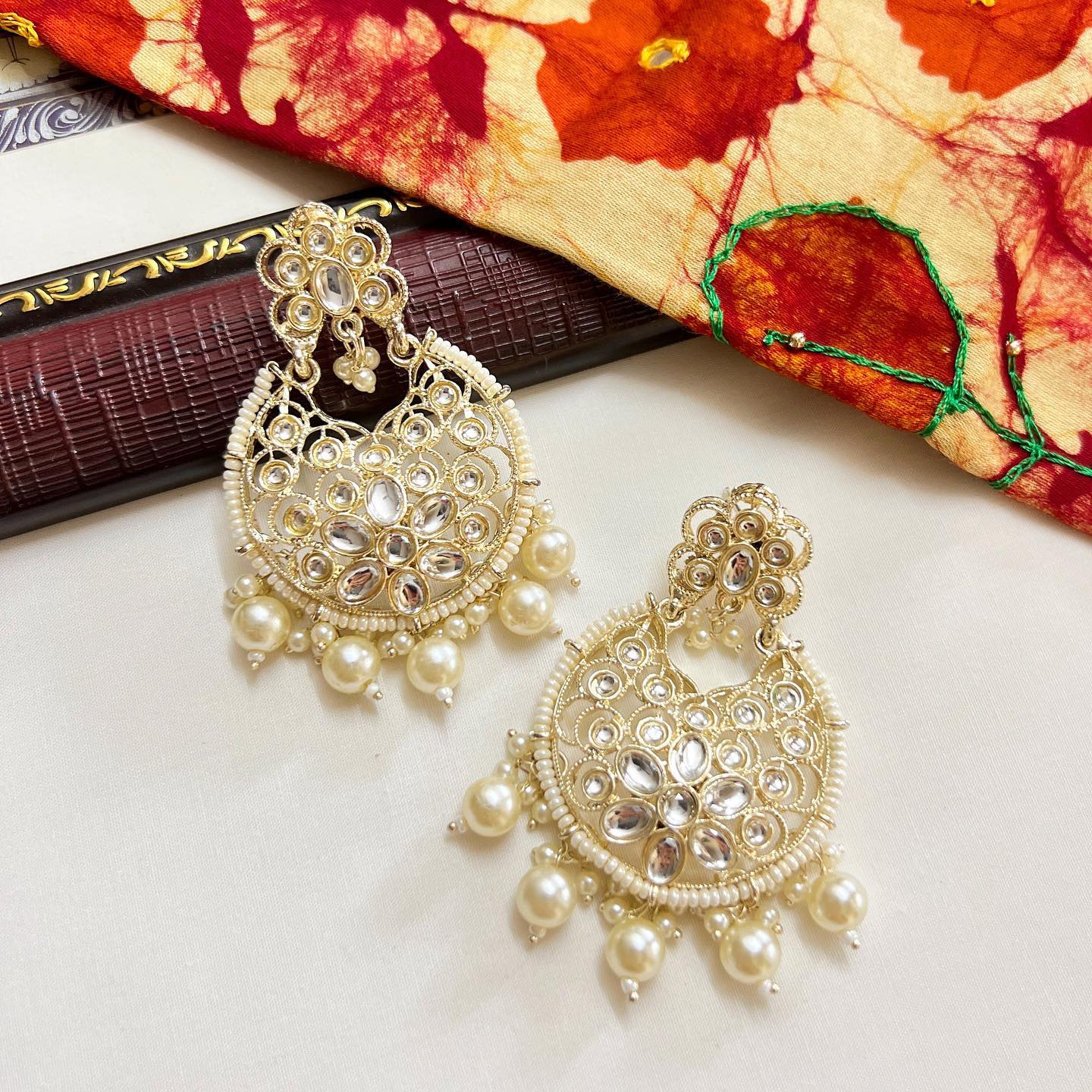 Gold Tone Kundan Earrings | Jhumkas