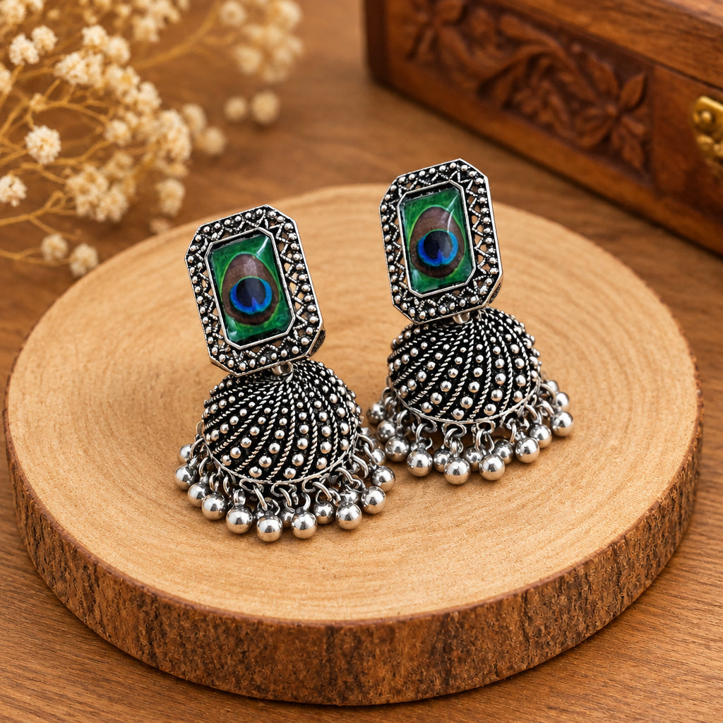 Silver Oxidised Peacock Jhumkas