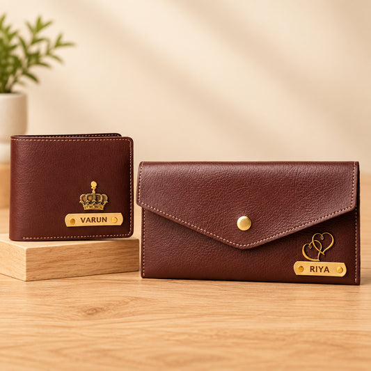 Personalized Premium Leather Couple Wallet & Minimal Clutch Combo