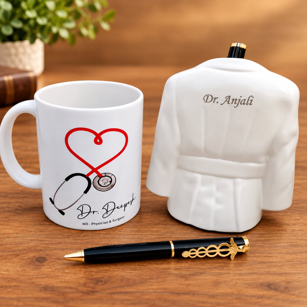 Personalized Doctor Coat Pen Stand, Ceramic Mug & Pen Combo | Professional Combo