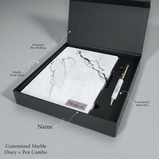 Personalized Premium 2024 to 2027 Marble Print Diary + Pen Combo