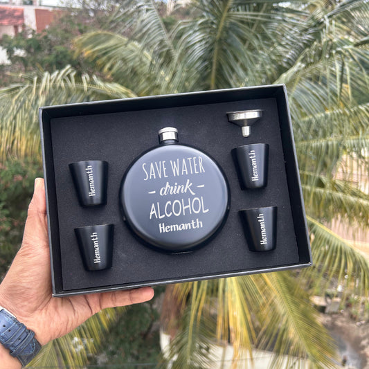 Round Hip Flask Gift Set – Engraved Stainless Steel Combo