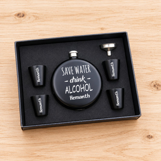Round Hip Flask Gift Set – Engraved Stainless Steel Combo
