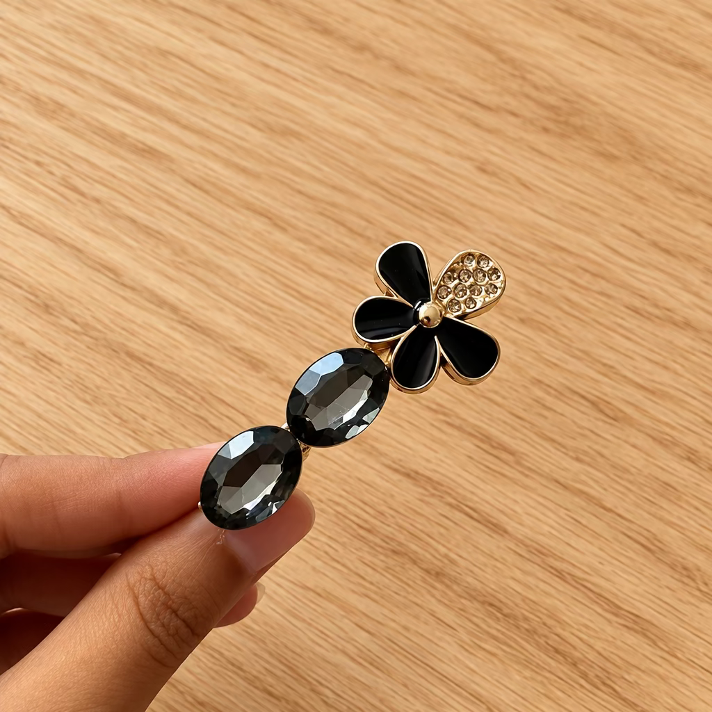 Black Stone & Flower Hair Pin