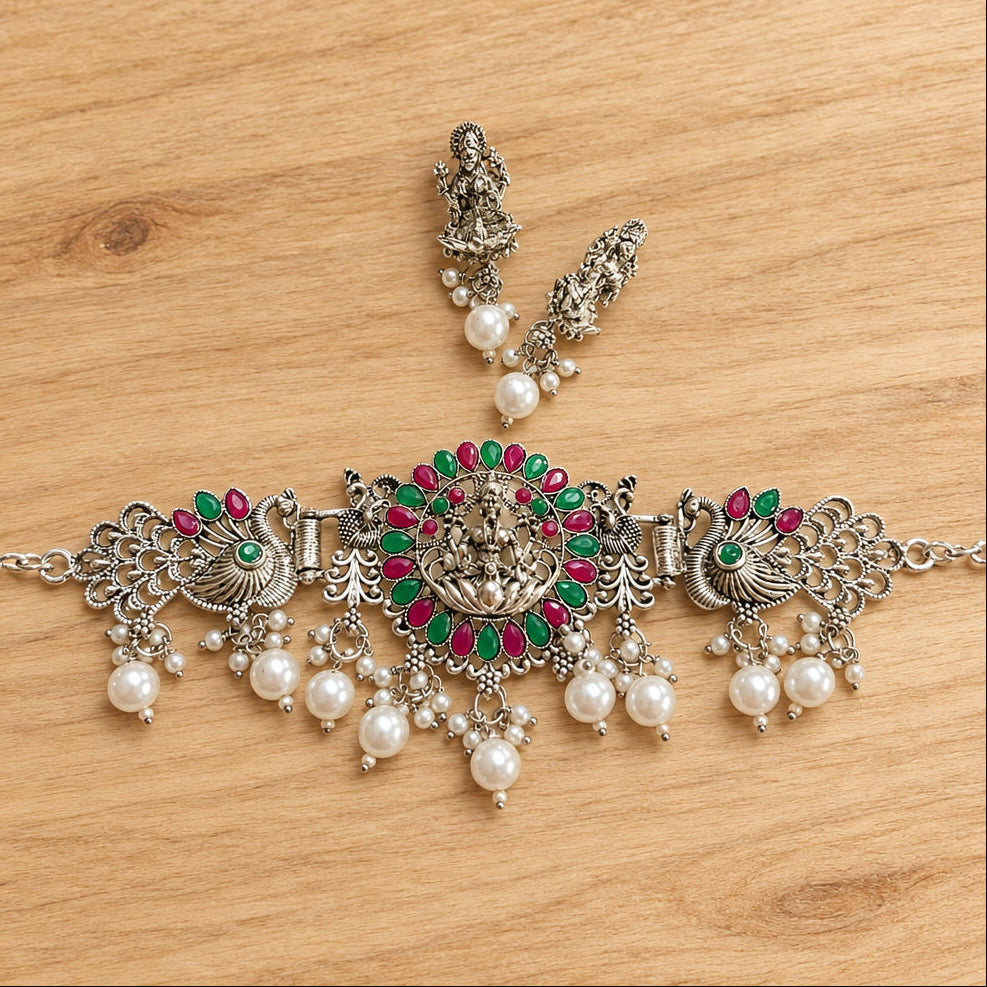 Indian Intricate Design Oxidised Choker Necklace and Jhumkas Set
