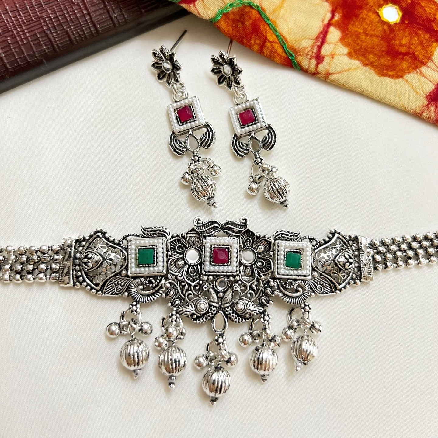 Elegant Traditional Oxidised Choker Necklace and Jhumkas Set