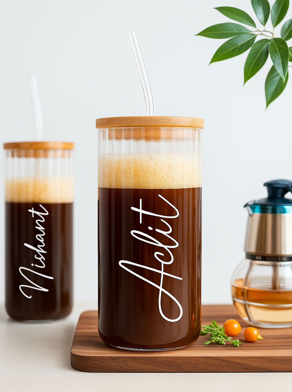 Personalized Ribbed Glass Tumbler with Bamboo Lid