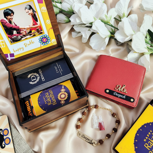 Personalized Premium Wooden Box Rakhi Hamper