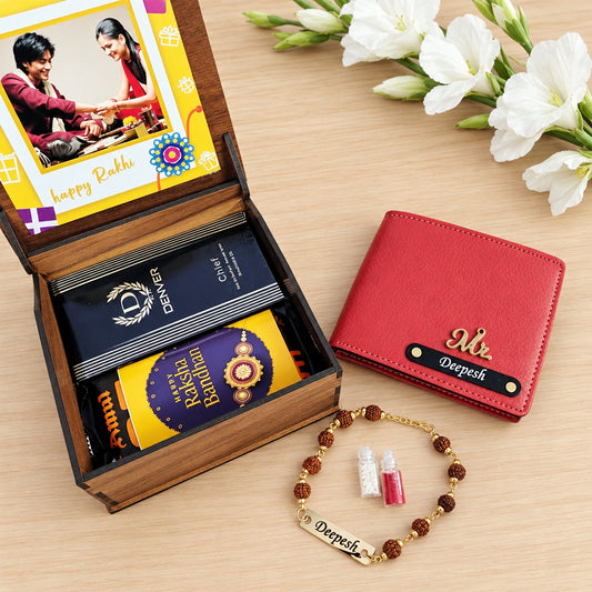 Personalized Premium Wooden Box Rakhi Hamper