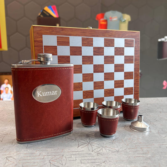 Personalized Wooden Chess Box & Hip Flask Set