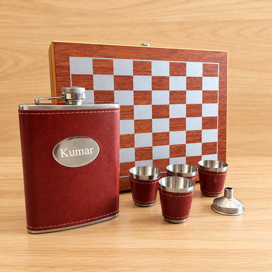 Personalized Wooden Chess Box & Hip Flask Set