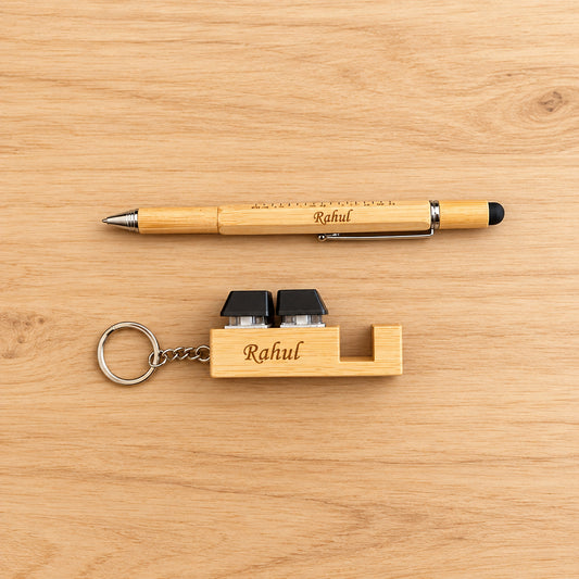 Personalized Bamboo Tool Pen & Keychain Set