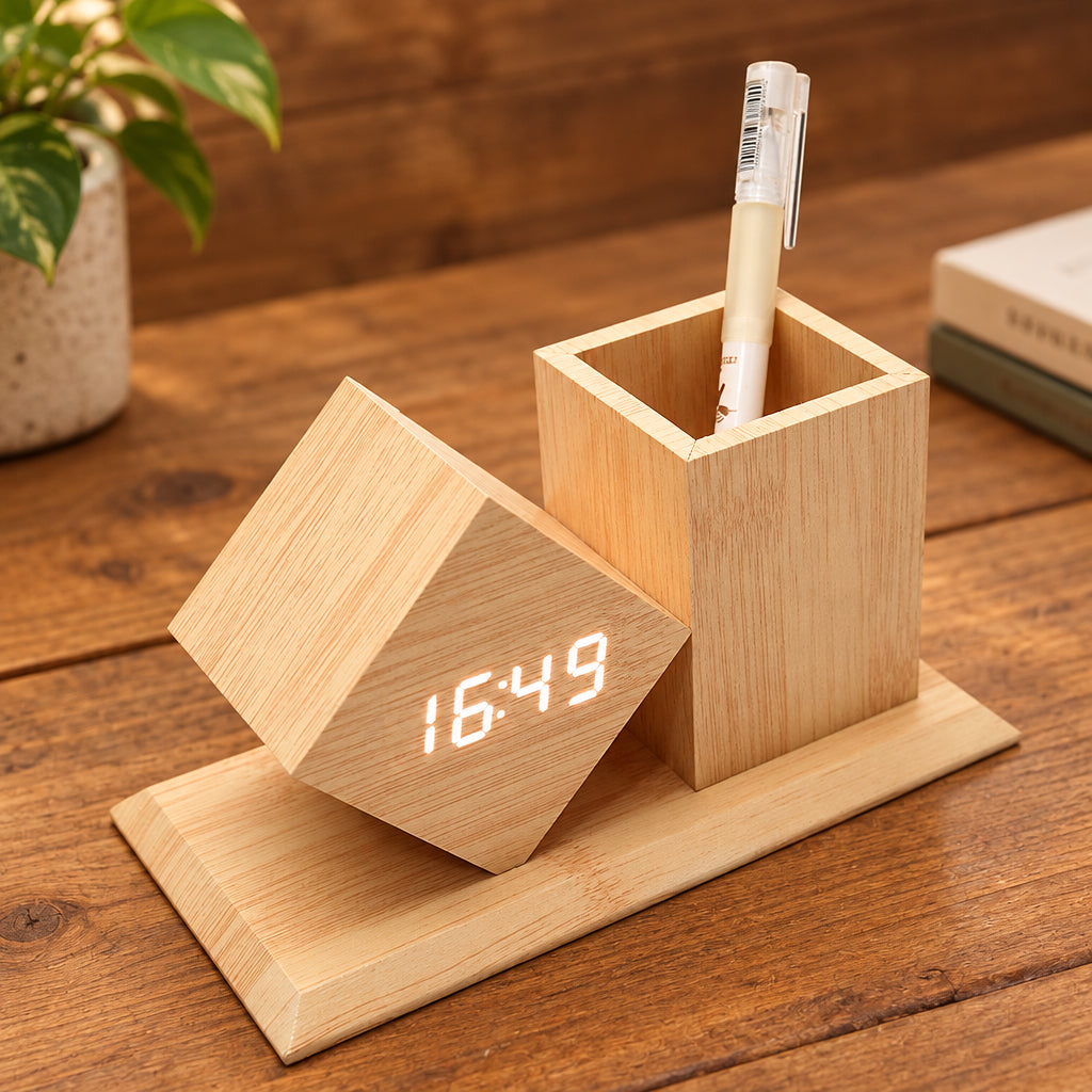 Personalized Bamboo Table Clock & Penstand