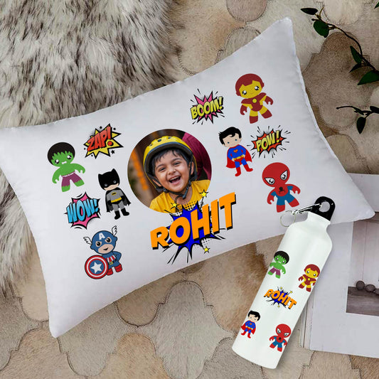 Personalized Kids Photo Cushion & Metal Bottle Combo
