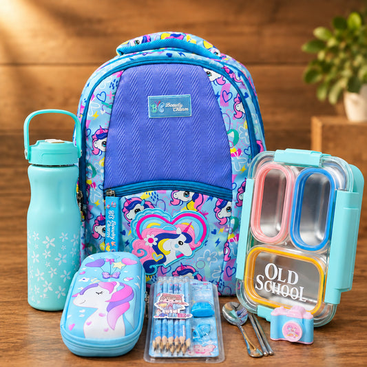 Unicorn Theme Backpack Hamper | 16 Inch School Bag with Bottle, Lunch Box & Stationery