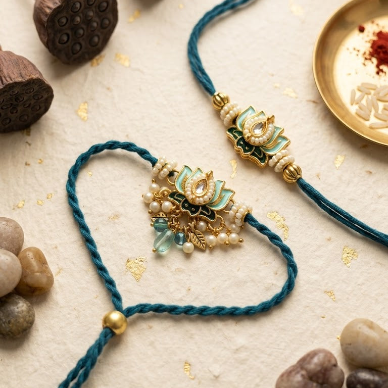 Designer Lotus Bhai Bhabhi Rakhi Set