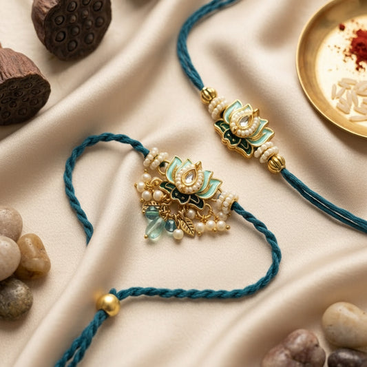Designer Lotus Bhai Bhabhi Rakhi Set