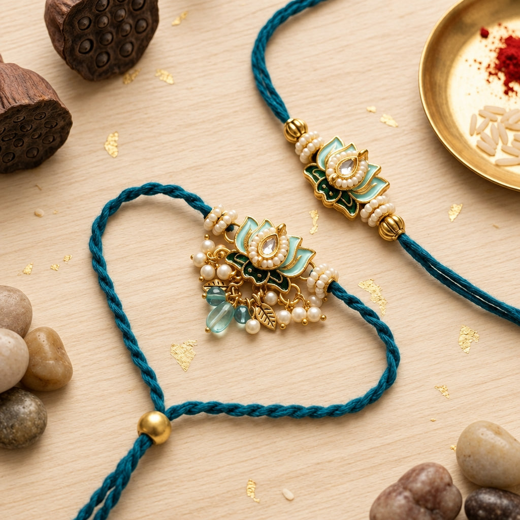 Designer Lotus Bhai Bhabhi Rakhi Set