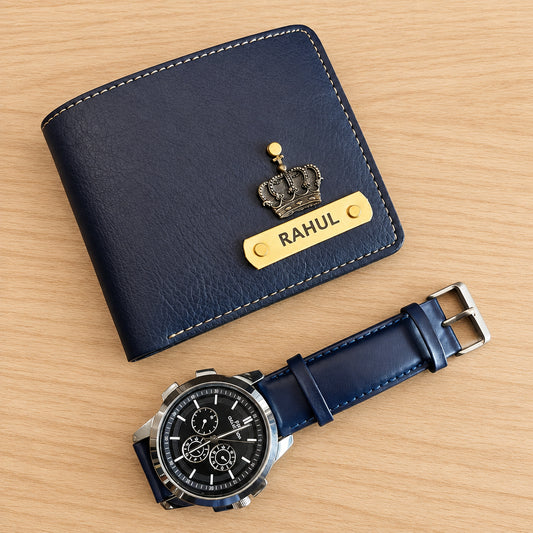 Personalized Premium Leather Wallet + Wrist Watch Combo