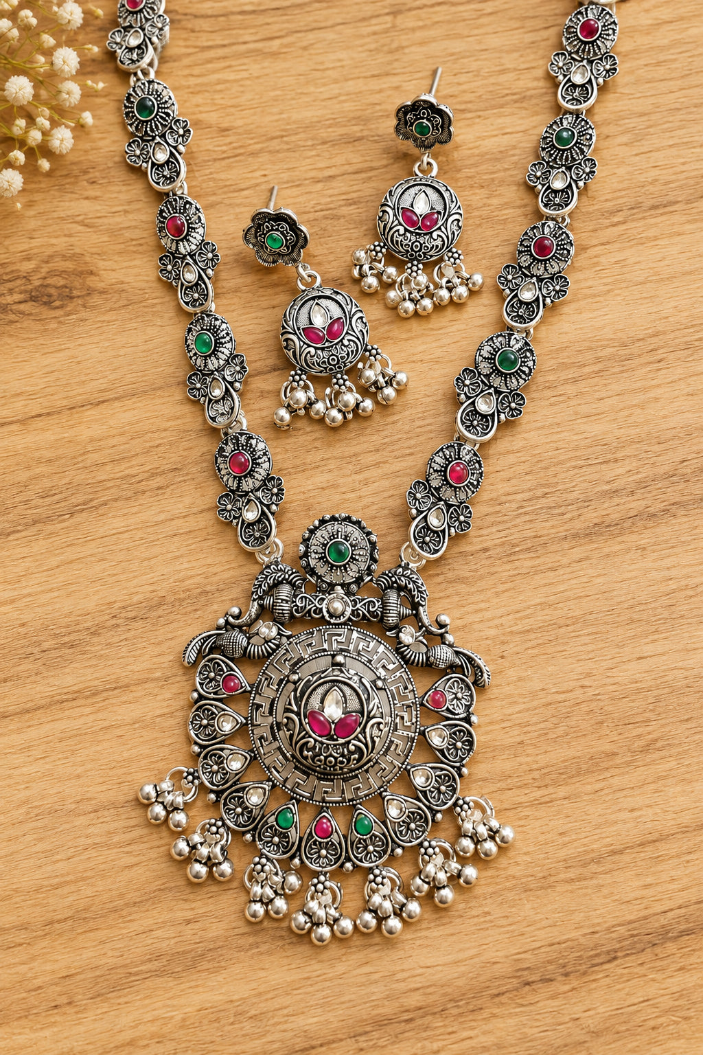 Traditional Long Oxidised Necklace & Earrings Set