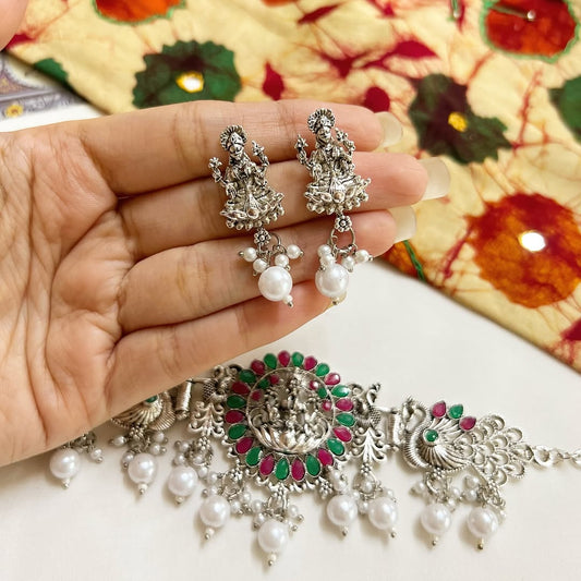 Indian Intricate Design Oxidised Choker Necklace and Jhumkas Set