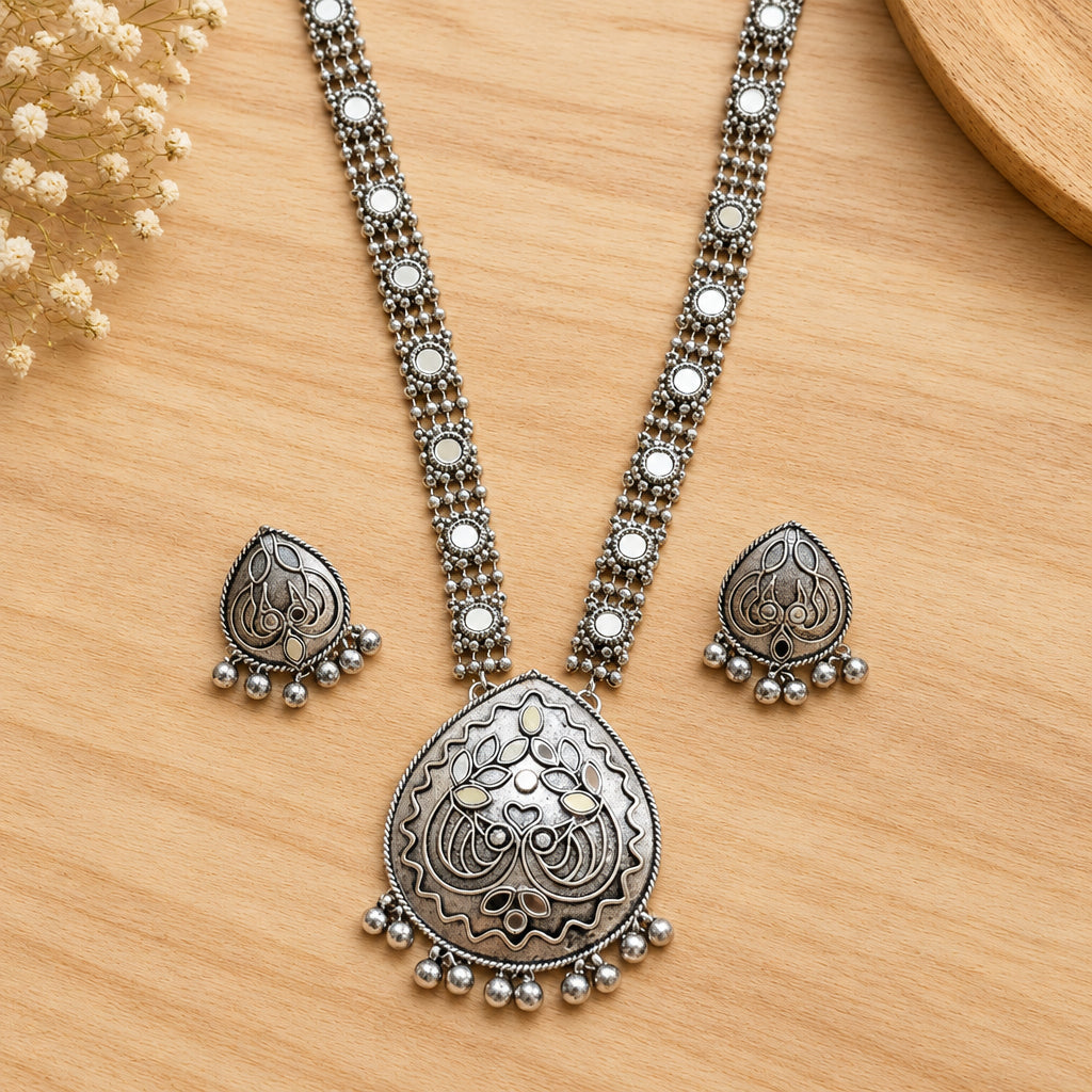 Oxidised Long Necklace & Earrings Set – Statement Ethnic Jewellery
