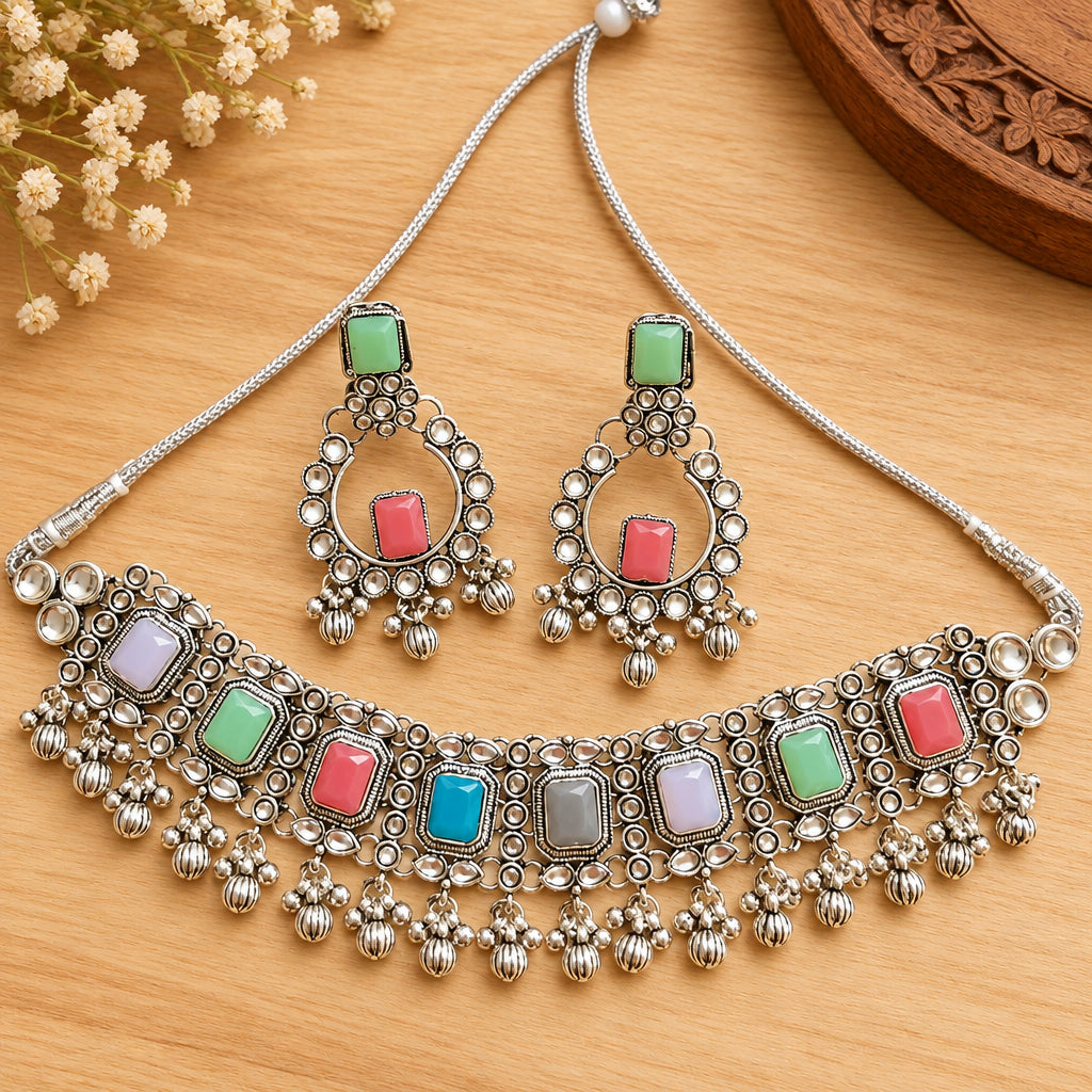 Indian Traditional Oxidised Multicolor Choker Necklace and Earrings Set
