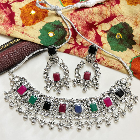 Indian Traditional Oxidised Multicolor Choker Necklace and Earrings Set