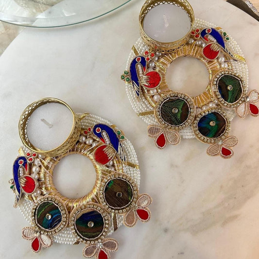 Vibrant Traditional Peacock T-Light Pair | Premium Festive Edition
