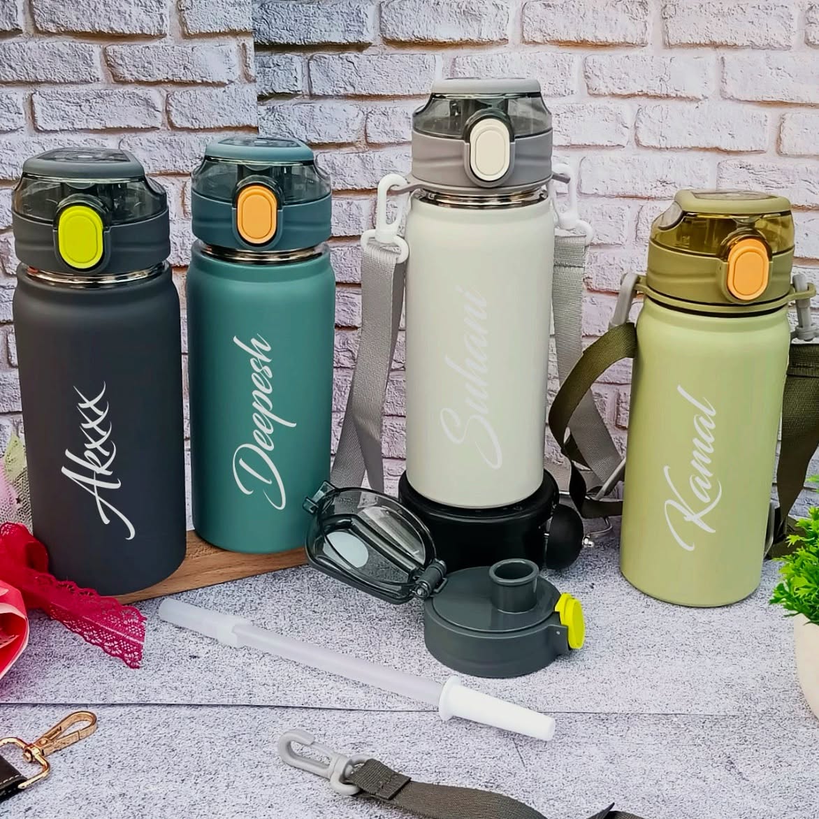 Personalized Premium Hot & Cold Vaccumed Bottle With Straw (Random Color)