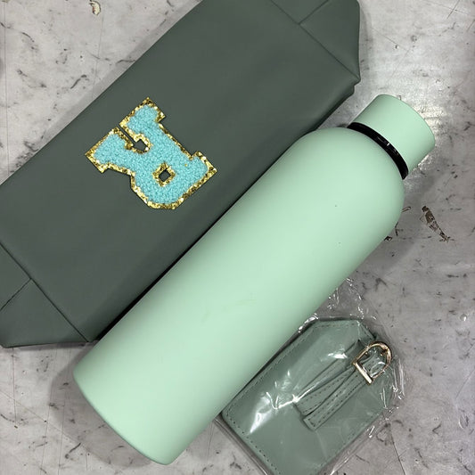 Personalized Matte Finish Stainless Steel Bottle | Monogram Pouch | Bag Tag Combo