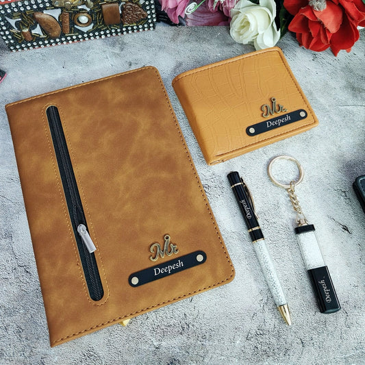 Personalized Premium Quality Zip Diary, Wallet, Pen And Keychain Combo Hamper for Him