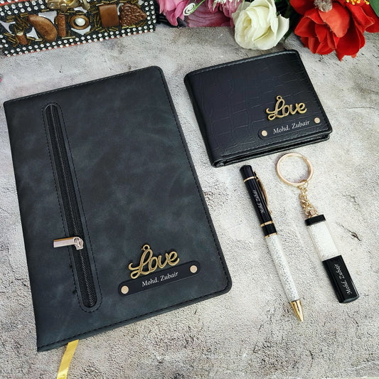 Personalized Premium Quality Zip Diary, Wallet, Pen And Keychain Combo Hamper for Him