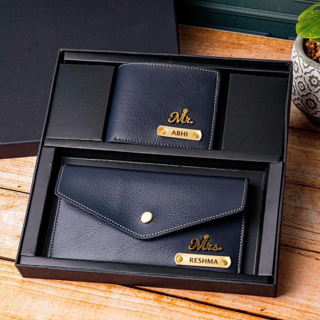 Personalized Premium Leather Couple Wallet & Minimal Clutch Combo