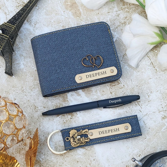 Personalized Denim 3-in-1 Wallet, Keychain & Pen Combo