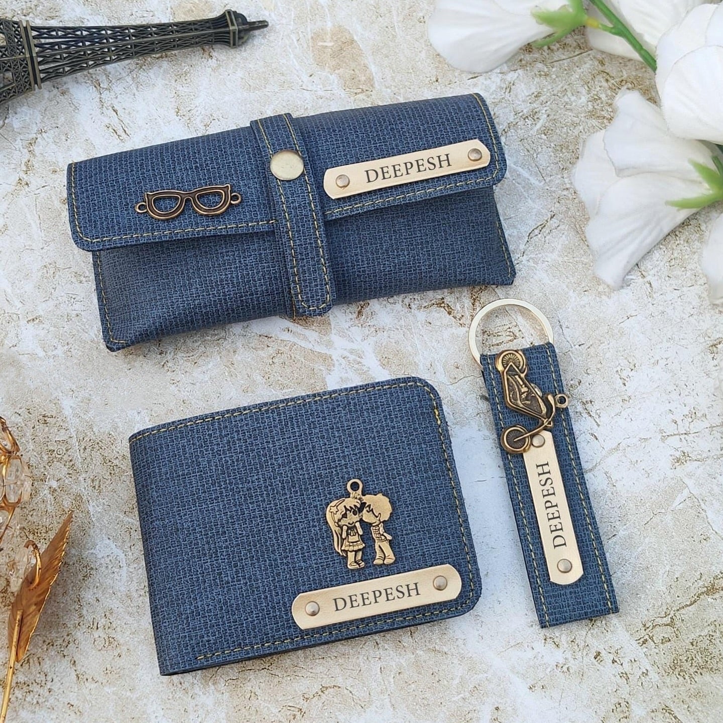 Personalized Denim 3-in-1 Wallet, Eyewear Case & Keychain Combo