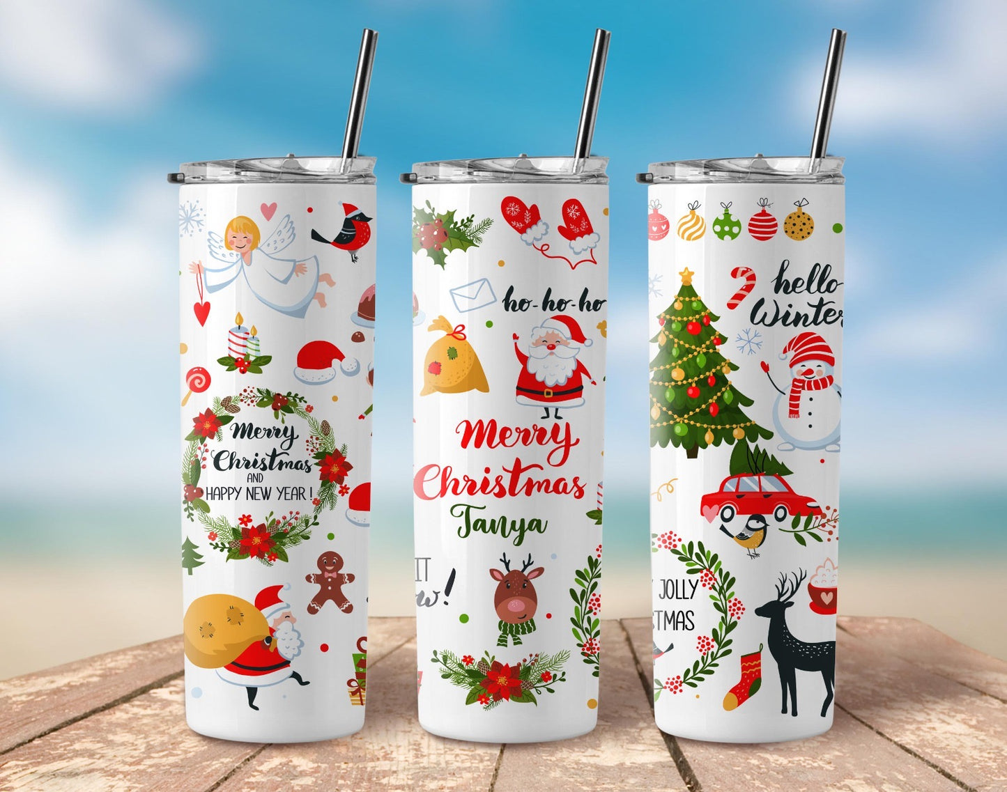 Christmas Personalised Special Stainless Steel Skinny Tumbler with Steel Straw