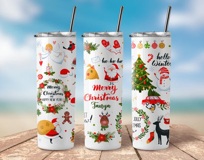 Christmas Personalised Special Stainless Steel Skinny Tumbler with Steel Straw