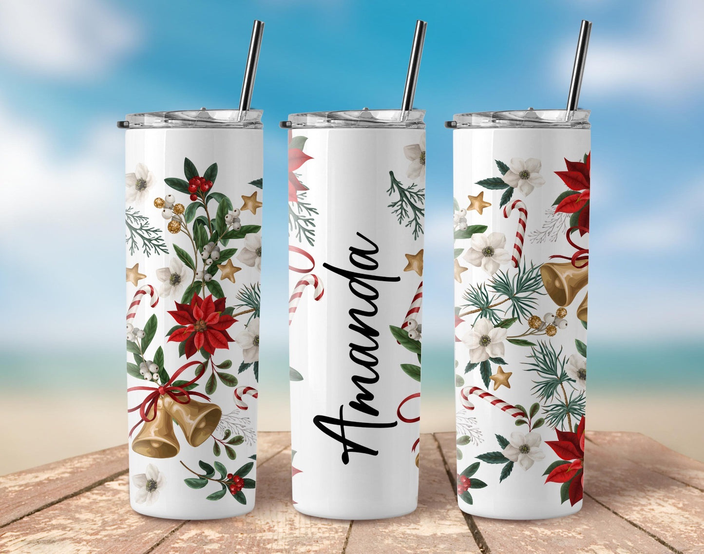 Christmas Personalised Special Stainless Steel Skinny Tumbler with Steel Straw