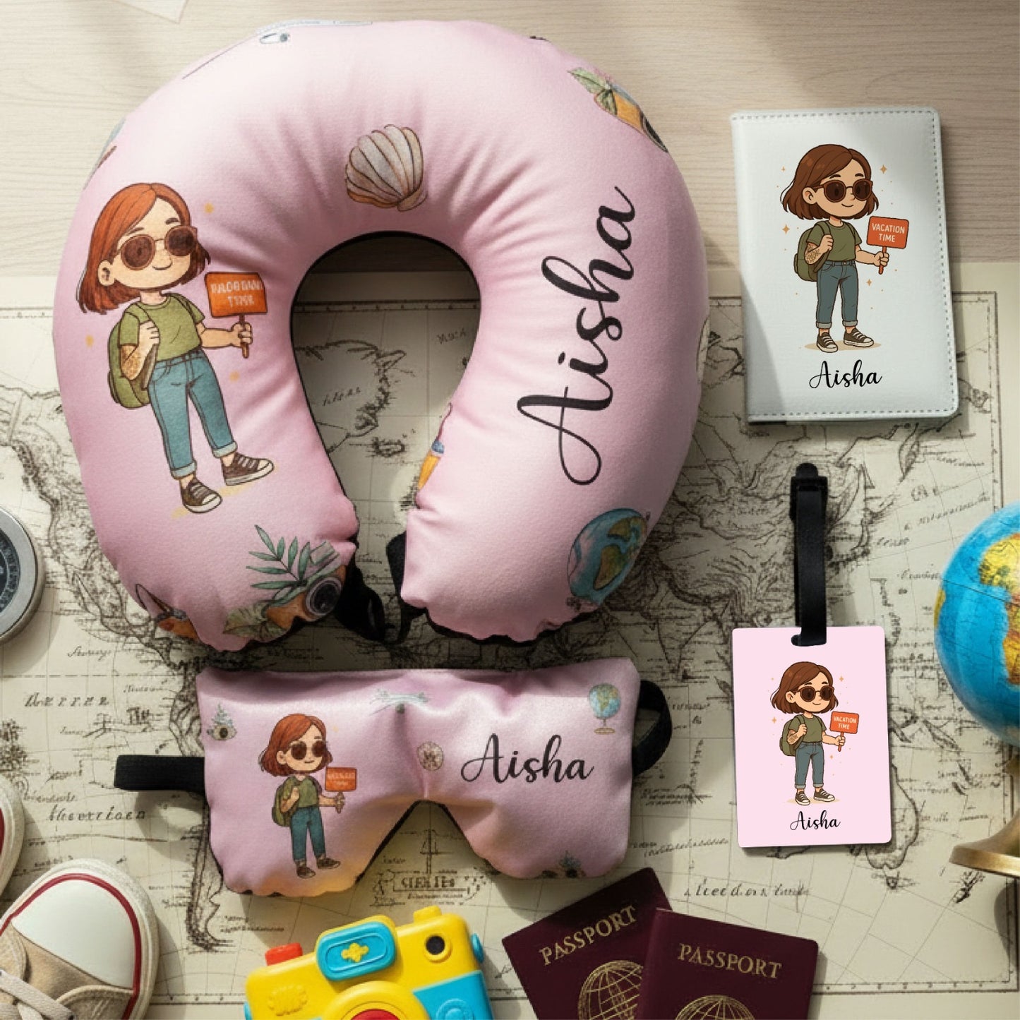 Personalised Kids Travel Neck Pillow Set