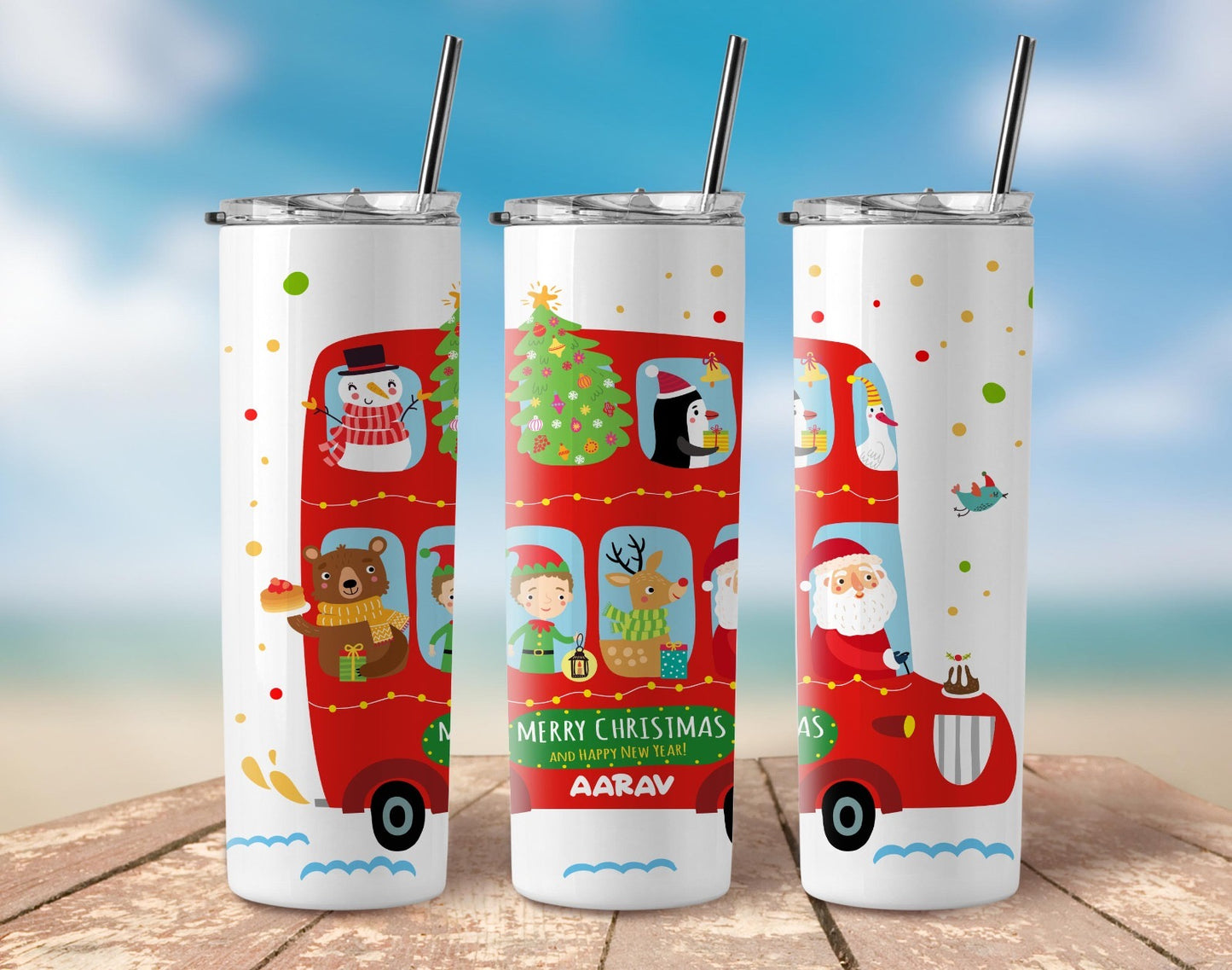 Christmas Personalised Special Stainless Steel Skinny Tumbler with Steel Straw