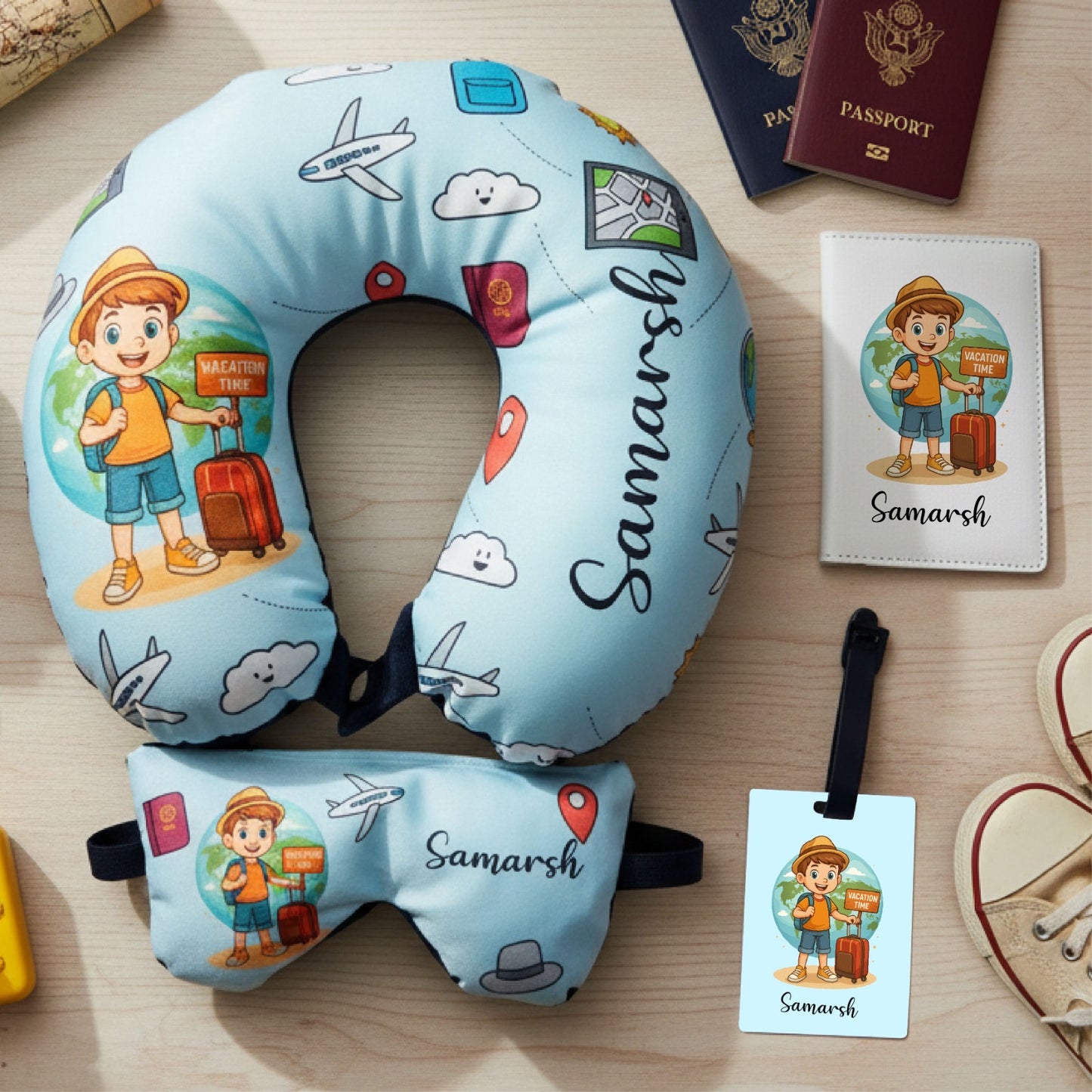 Personalised Kids Travel Neck Pillow Set