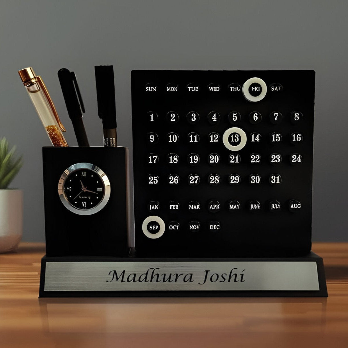 Personalized Infinity Calendar Pen Stand With Clock