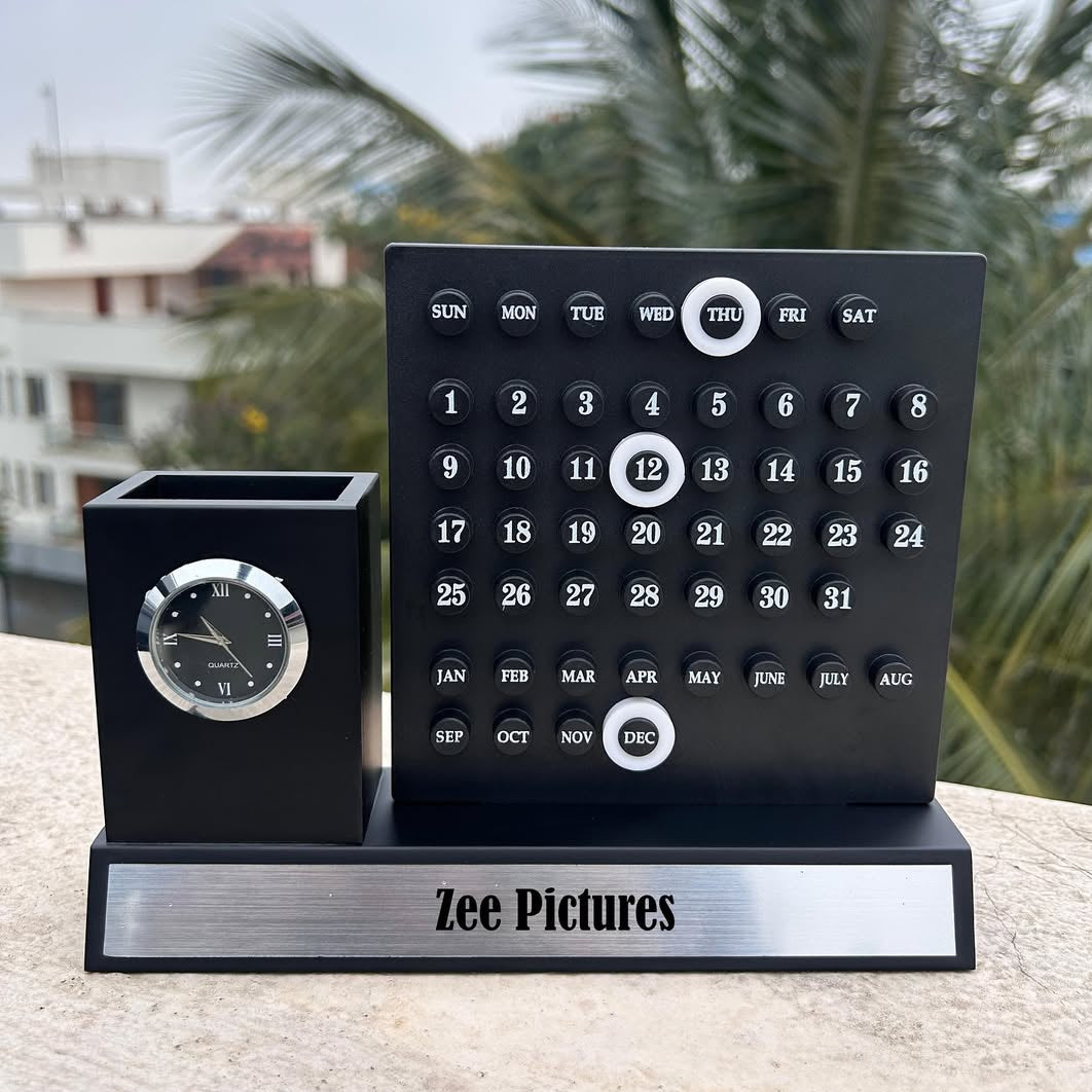 Personalized Infinity Calendar Pen Stand With Clock