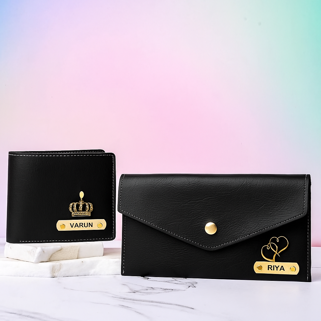 Personalized Premium Leather Couple Wallet & Minimal Clutch Combo