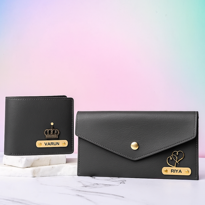 Personalized Premium Leather Couple Wallet & Minimal Clutch Combo