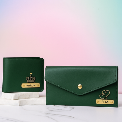 Personalized Premium Leather Couple Wallet & Minimal Clutch Combo