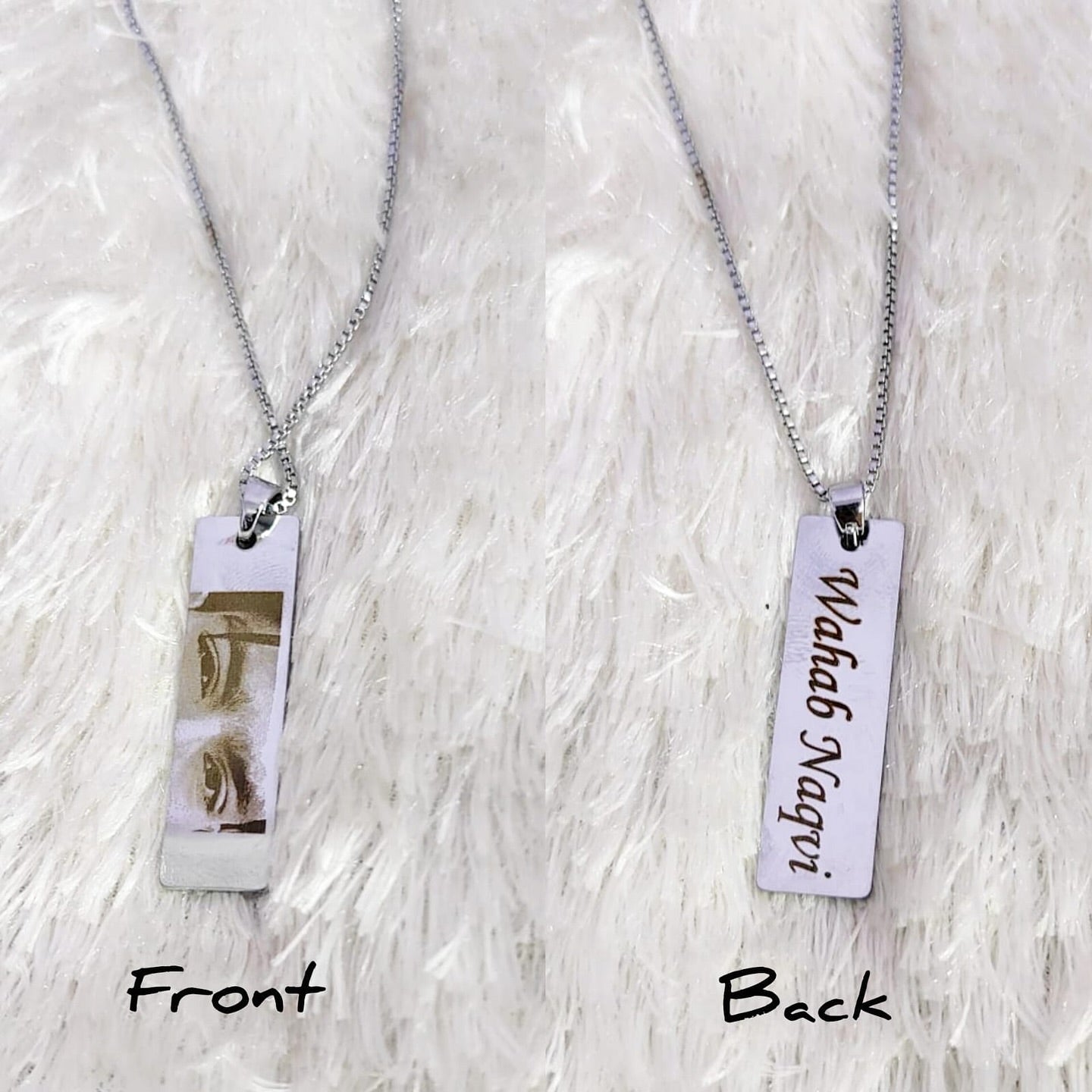 Personalized Rectangle Shaped Silver Plated Pendant Necklace - Name and Eye Photo