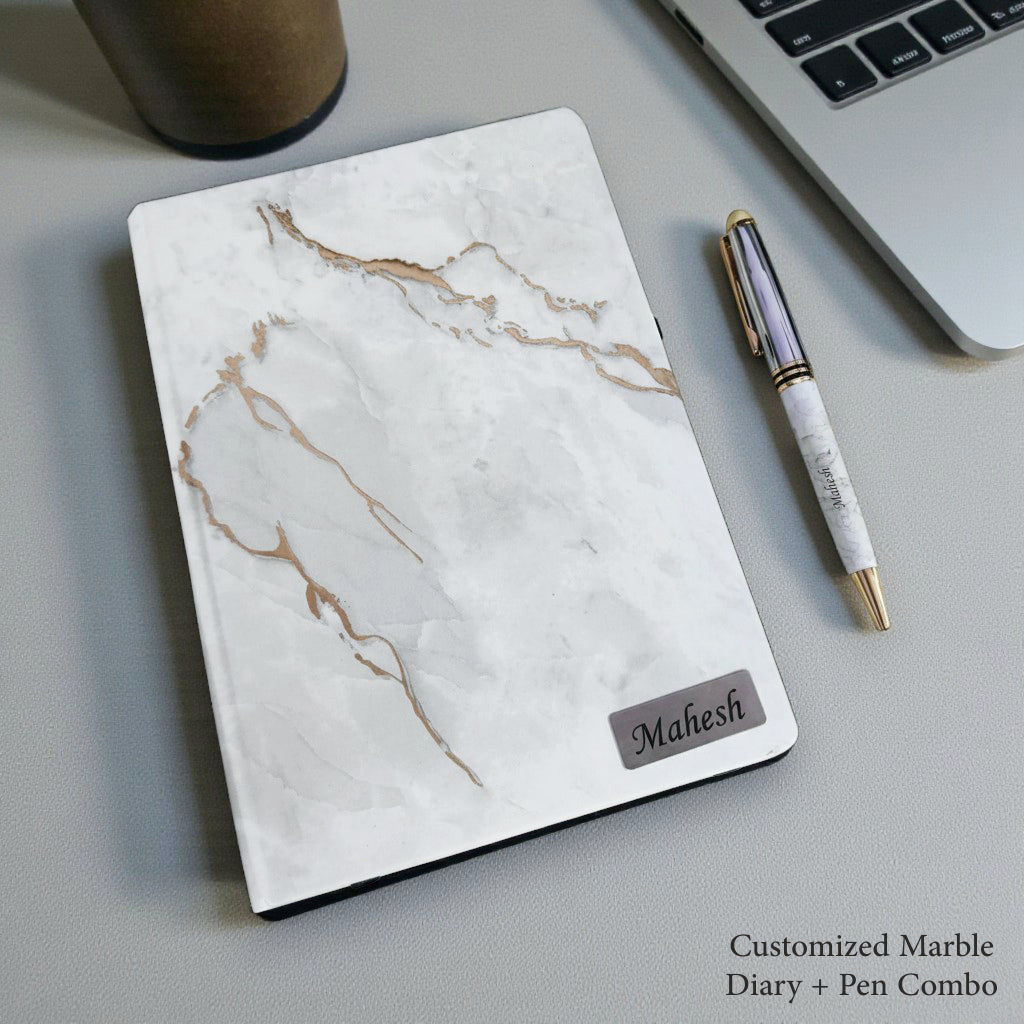 Personalized Premium 2024 to 2027 Marble Print Diary + Pen Combo